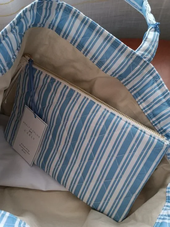 NWT Neely & Chloe Sky Blue & White Striped Cotton Tote with Insert Clutch - Picture 7 of 13